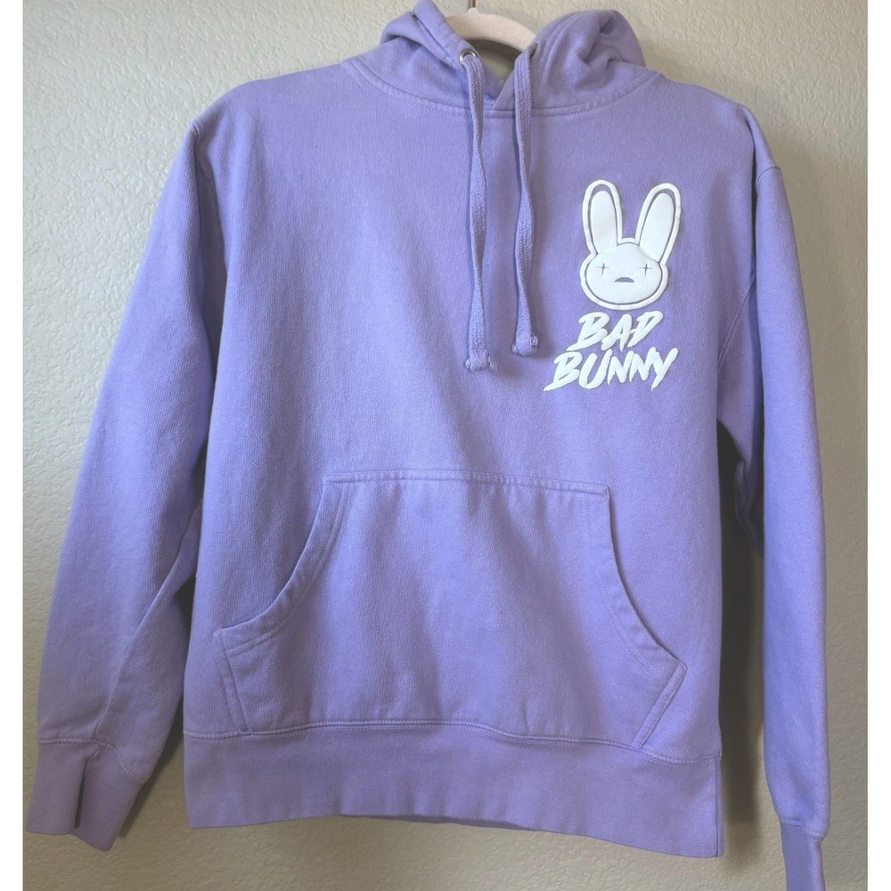 Bad Bunny Graphic Hoodie Purple Pullover Sweatshirt Womens Small Y2K